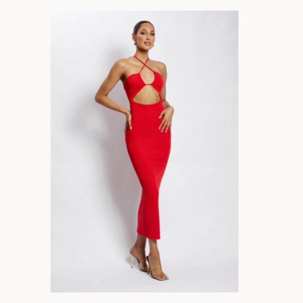 MESHKI RIBBED DRAWSTRING MIDI DRESS